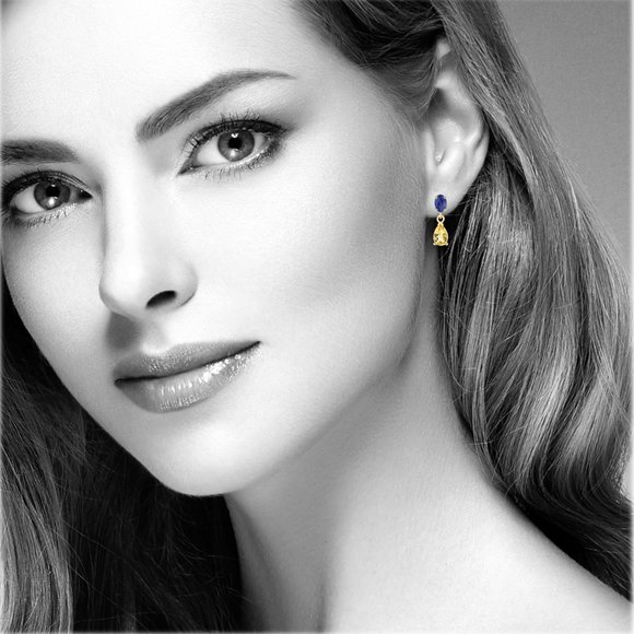 Cute Small Dangle Earrings 14k Yellow Gold Blue Sapphire and Yellow Citrine - Picture 9 of 9